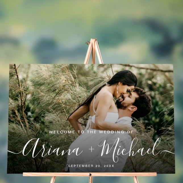 Elegant Modern Script Names Custom Photo Wedding Acrylic Sign (Neutral)