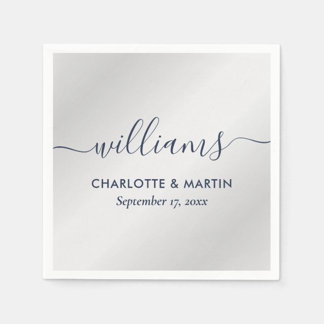 Elegant Modern Script Navy Blue and Silver Wedding Napkin (Front)