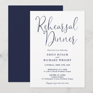 Elegant Modern Script Navy Blue Rehearsal Dinner Invitation