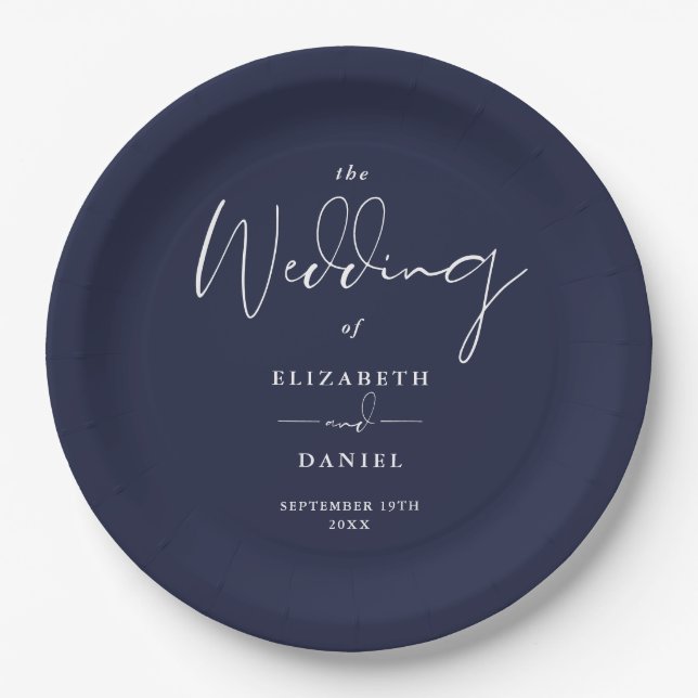 Elegant Modern Script Navy Blue Wedding Paper Plate (Front)