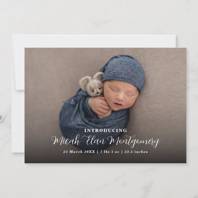 Elegant Modern Script Photo Baby Birth Announcement (Front)
