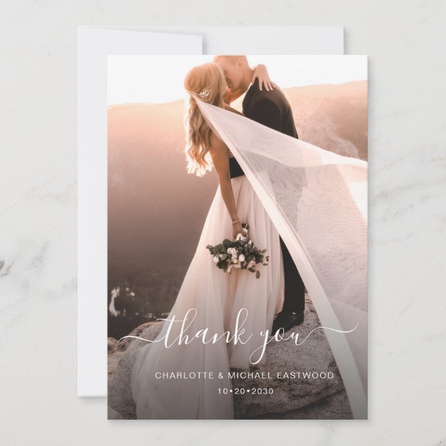 Elegant Modern Script Photo Classic WeddIng Thank You Card (Front)