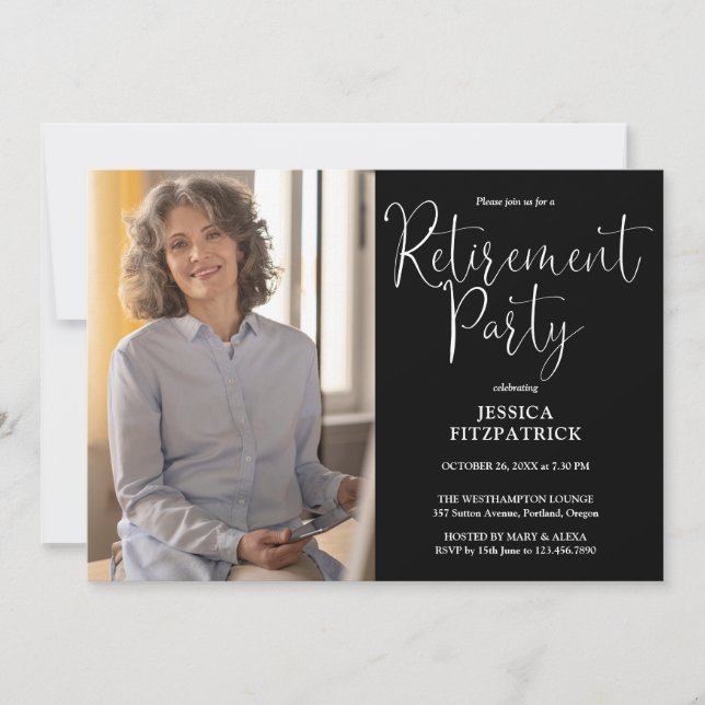 Elegant Modern Script Photo Retirement Party Invitation (Front)