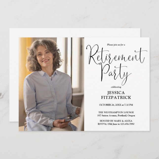 Elegant Modern Script Photo Retirement Party Invitation (Front/Back)