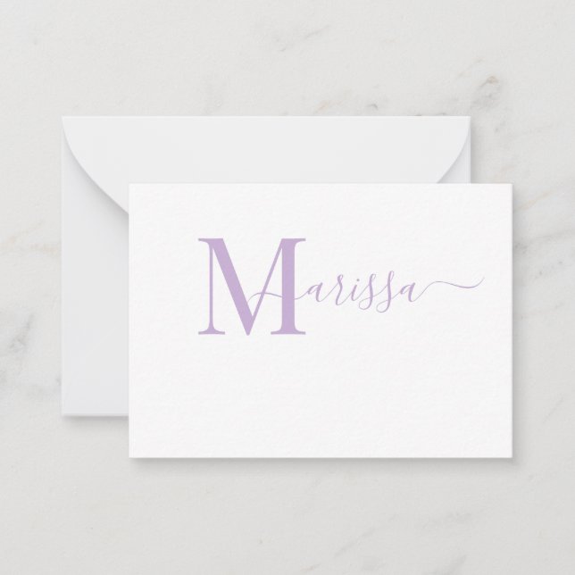 Elegant Modern Script Purple Monogram Name Note Ca Card (Front)