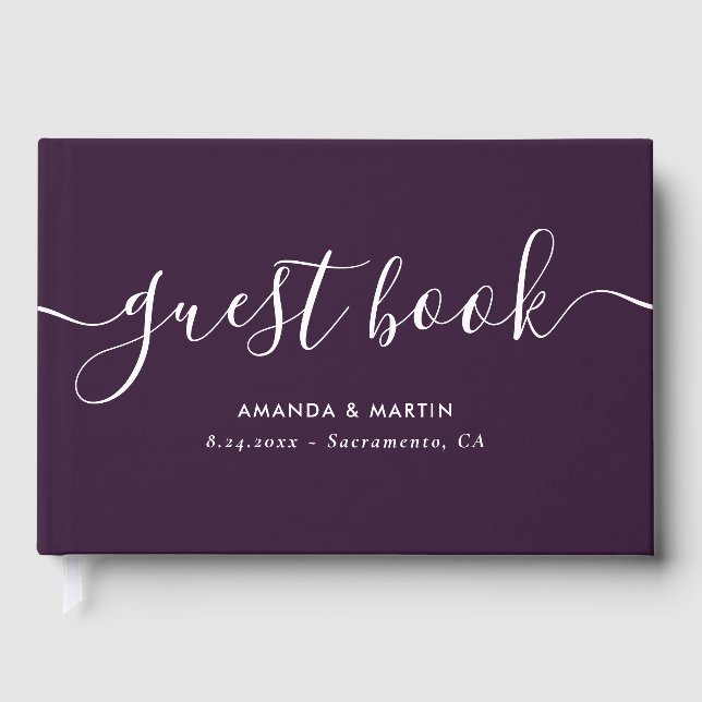 Elegant Modern Script Purple Wedding Guest Book (Front)