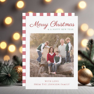Elegant Modern Script Red Plaid Christmas Photo Holiday Card
