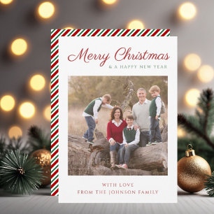 Elegant Modern Script Red Stripes Christmas Photo Holiday Card
