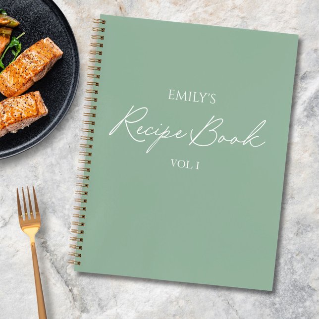 Elegant Modern Script Sage Green Simple Recipe Notebook (In situ)
