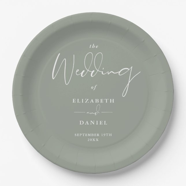 Elegant Modern Script Sage Green Wedding Paper Plate (Front)