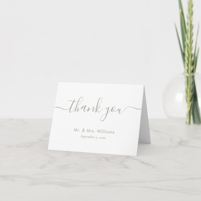 Elegant Modern Script Sage Green Wedding Thank You Card (Front)
