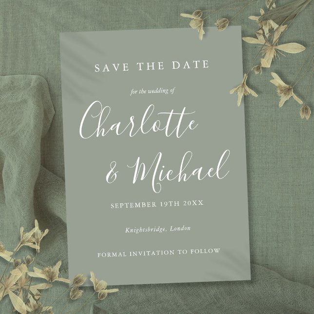 Elegant Modern Script Save The Date (Elegant Modern Sage Green Script Wedding Save The Date)