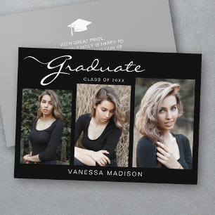 Elegant Modern Script Simple 3 Photo Graduation Announcement