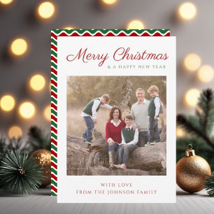 Elegant Modern Script Striped Christmas Photo Holiday Card