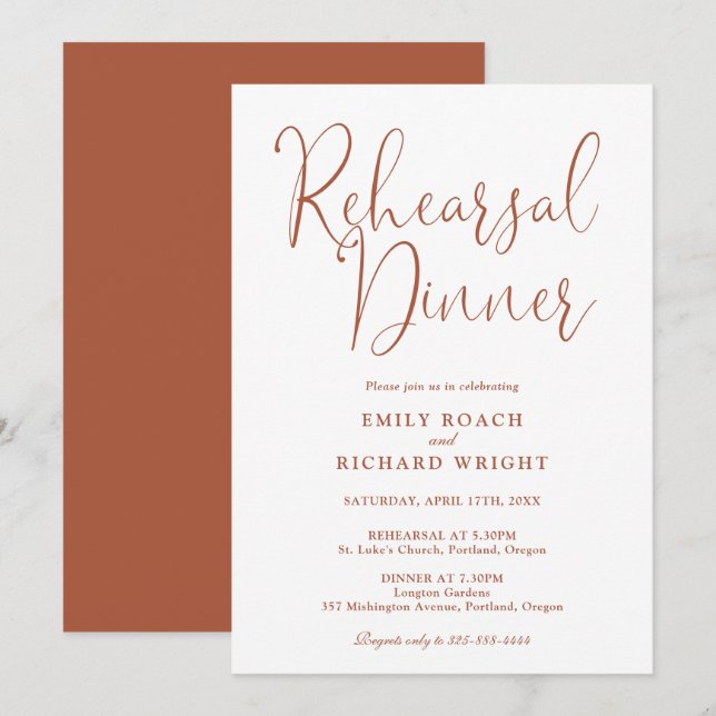 Elegant Modern Script Terracotta Rehearsal Dinner Invitation (Front/Back)