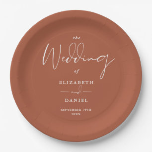 Elegant Modern Script Terracotta Wedding Paper Plate
