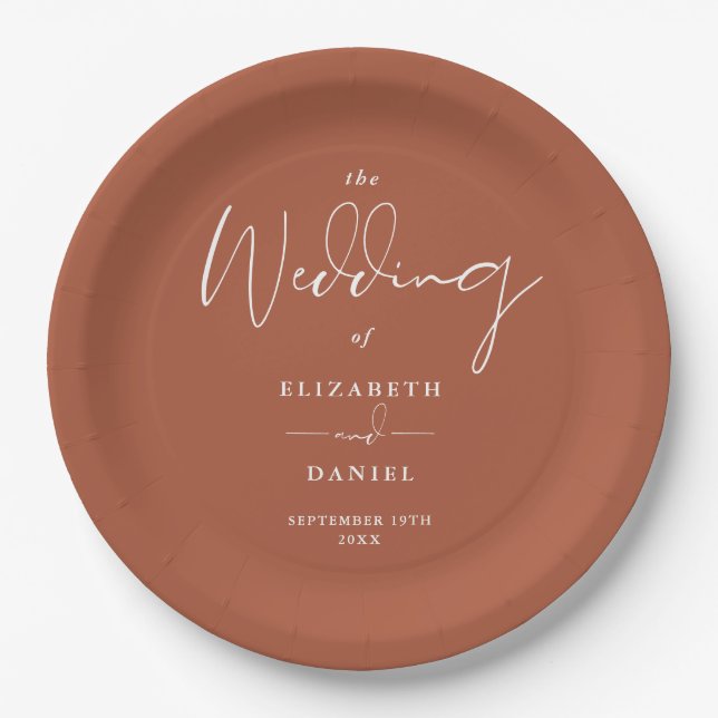 Elegant Modern Script Terracotta Wedding Paper Plate (Front)