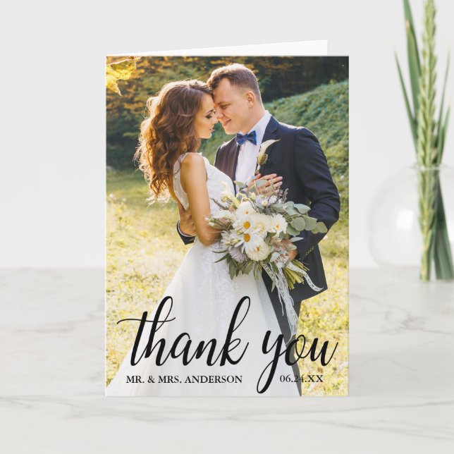 Elegant Modern Script Wedding Couple Photo Fold Thank You Card (Front)