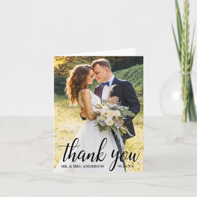 Elegant Modern Script Wedding Couple Photo Note Thank You Card (Front)