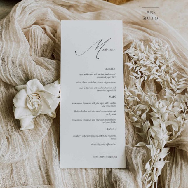 Elegant Modern Script Wedding Menu (elegant modern script wedding menu card, 4x9 dainty wedding menu, long menu, modern minimalist menu)