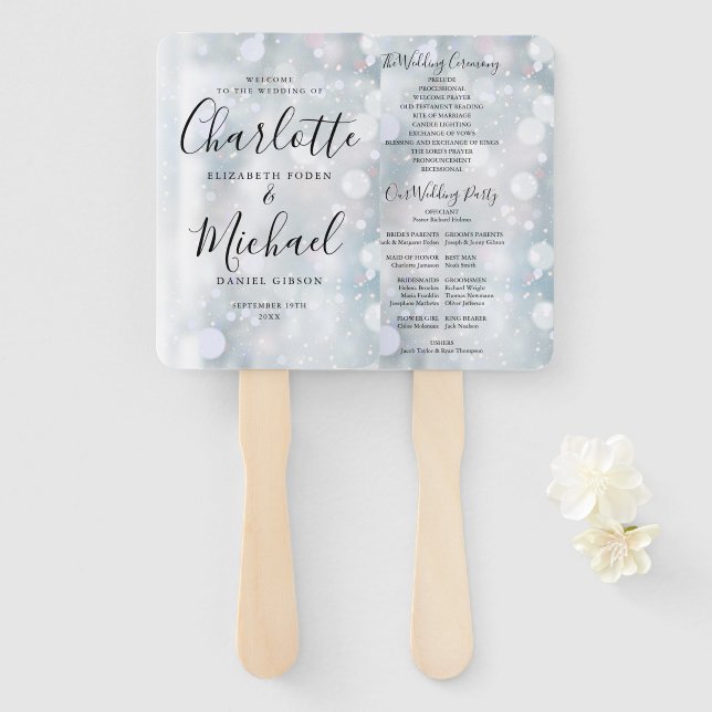 Elegant Modern Script Winter Wedding Program Hand Fan (Front and Back)
