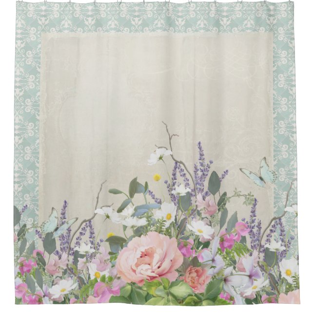 Elegant Modern Shabby Country Chic Floral Peonies Shower Curtain (Front)