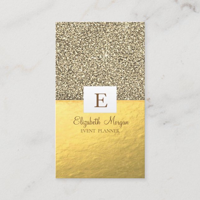 Elegant Modern Shiny Monogram Gold Glitter Business Card (Front)