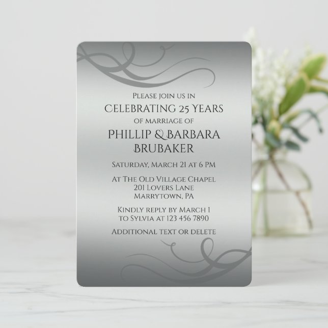 Elegant Modern Silver 25th Wedding Anniversary Invitation (Standing Front)