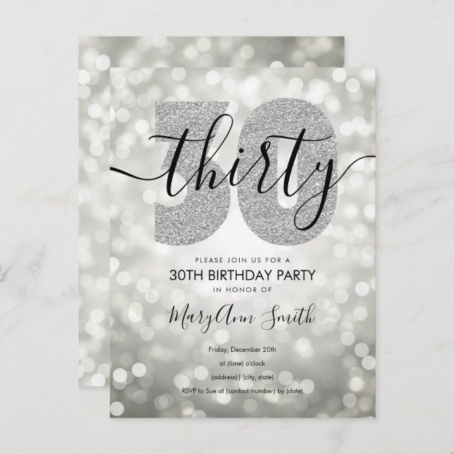 Elegant Modern Silver 30th Birthday Party  Invitation Postcard (Front/Back)