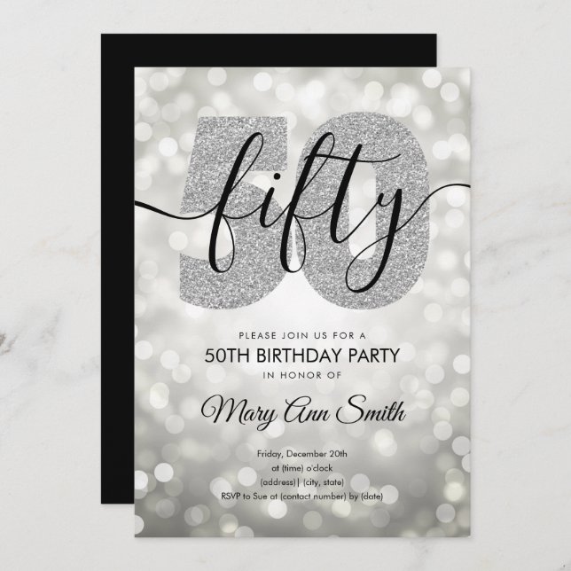 Elegant Modern Silver 50th Birthday Party Invitation (Front/Back)