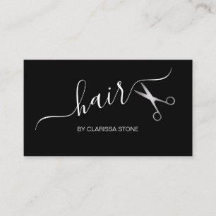 Elegant modern silver & black scissors hairstylist business card