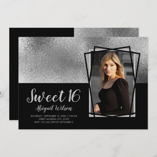 Elegant modern silver black sweet sixteen birthday invitation (Front/Back)