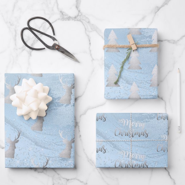 Elegant modern silver & blue Christmas patterns  Wrapping Paper Sheet (Front)