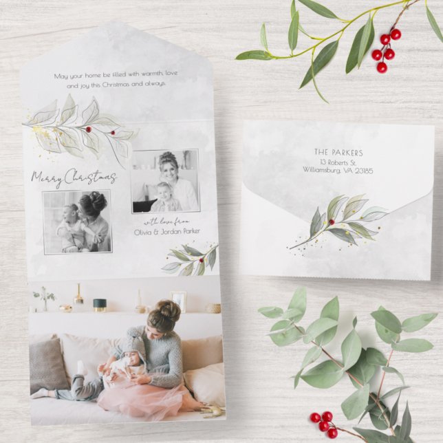 Elegant Modern Silver Christmas Floral 2-Photo All In One Invitation (Creator Uploaded)