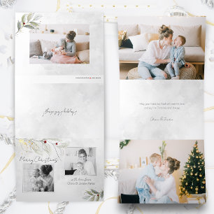 Elegant Modern Silver Christmas Floral 2-Photo Tri-Fold Holiday Card