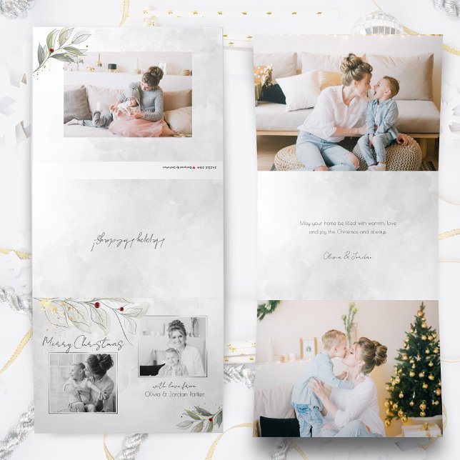 Elegant Modern Silver Christmas Floral 2-Photo Tri-Fold Holiday Card (Creator Uploaded)
