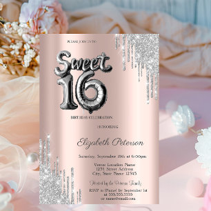 Elegant Modern Silver Drips Balloon Sweet 16 Invitation