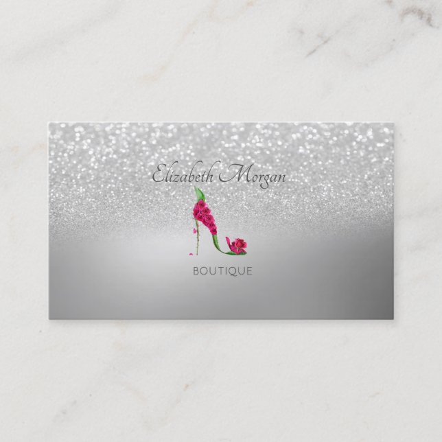 Elegant Modern, Silver Glitter Bokeh High Heels Business Card (Front)