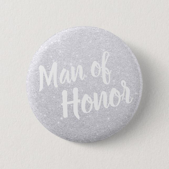 Elegant modern silver glitter man of honour weddin 6 cm round badge (Front)