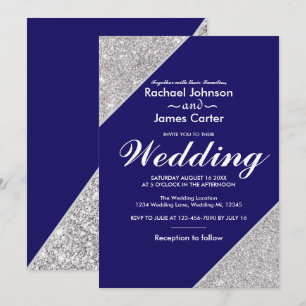 Elegant modern silver glitter on Navy Blue Invitation