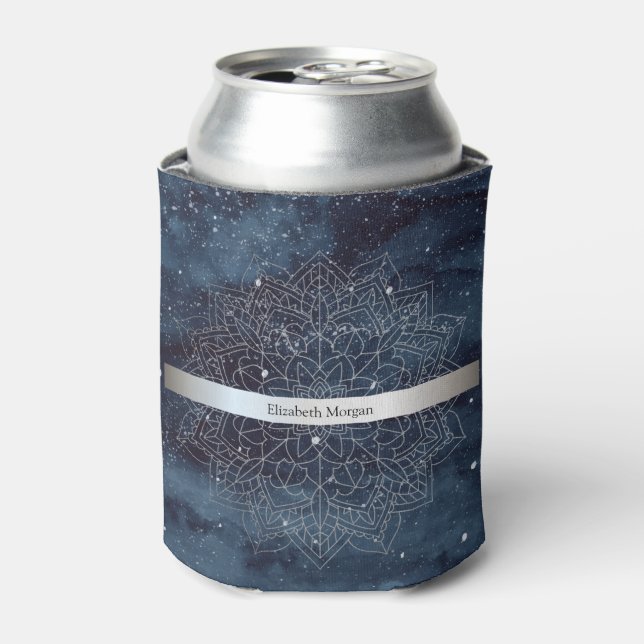 Elegant Modern Silver Mandala Stripe Navy Blue Can Cooler (Can Front)