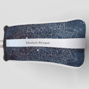 Elegant Modern Silver Mandala Stripe Navy Blue Golf Head Cover