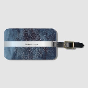 Elegant Modern Silver Mandala Stripe Navy Blue Luggage Tag