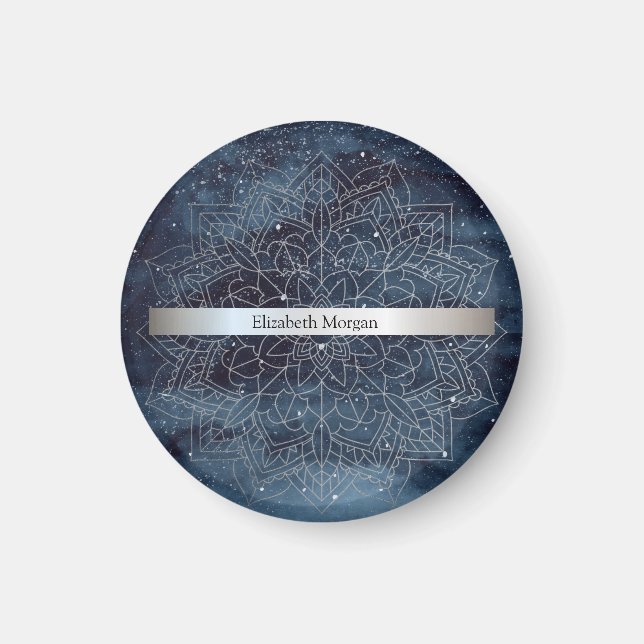 Elegant Modern Silver Mandala Stripe Navy Blue Magnet (Front)