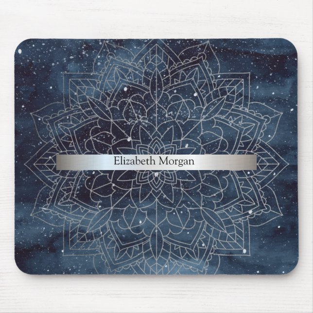 Elegant Modern Silver Mandala Stripe Navy Blue Mouse Pad (Front)
