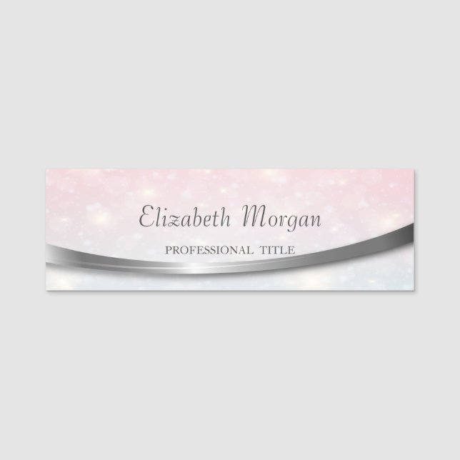 Elegant Modern, Silver Stripe, Bokeh Name Tag (Front)