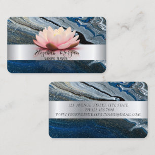 Elegant Modern Silver Stripe Lotus Blue Marble Business Card