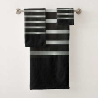 Elegant Modern Silver Stripes on Black Bath Towel Set
