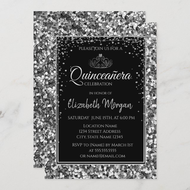 Elegant Modern Silver Tiara,Sequins Quinceanera Invitation (Front/Back)