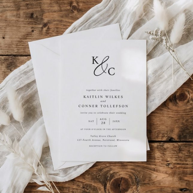 Elegant Modern Simple Black & White Wedding Invitation (Modern wedding logo monogram wedding invitations in black and white.)